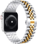 Compatible with Apple Watch Band 45Mm 44Mm 42Mm 41Mm 40Mm 38Mm, Stainless Steel Heavy Band with Butterfly Folding Clasp Link Bracelet for Iwatch Series7/6/Se Series 5/4/3/Men Women ,Silver/Gold, 41Mm/40Mm/38Mm
