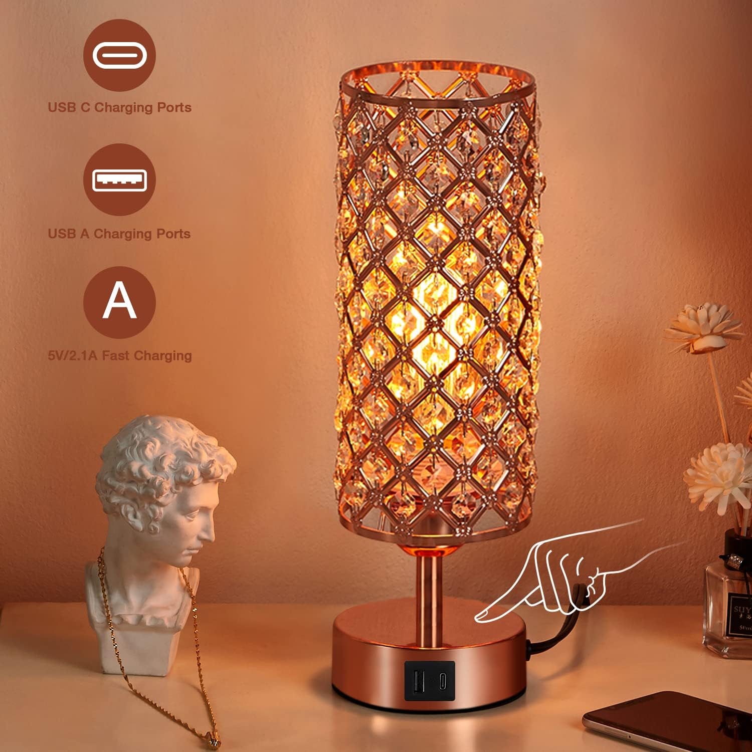 Crystal Table Lamp, Rose Gold Lamp with USB C+A Ports, 3 Way Dimmable Light with Crystal Lampshade, Bedside Lamp Small Touch Light for Living Room Bedroom Home, Charge Phone (Bulb Included)
